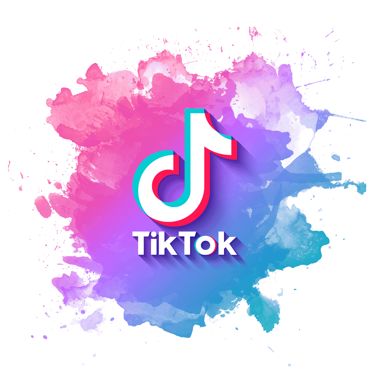TikTok logo on a pink, blue and purple water colour background.